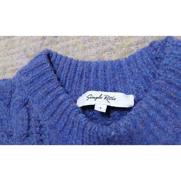 Simple retro womens small cable heathered purple wool sweater classic crew neck - Picture 3 of 8